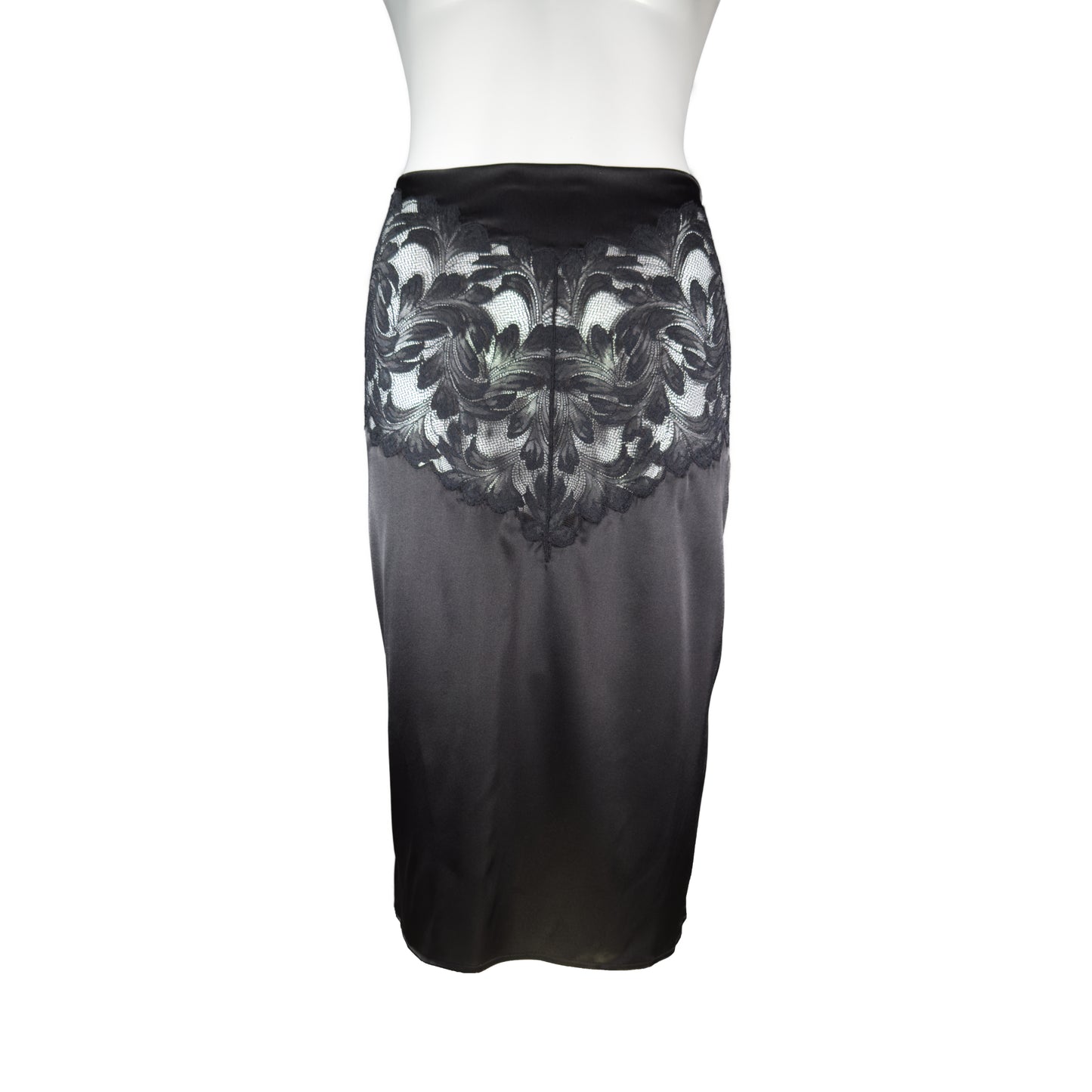 Black skirt with floral pattern on a mannequin against a white background
