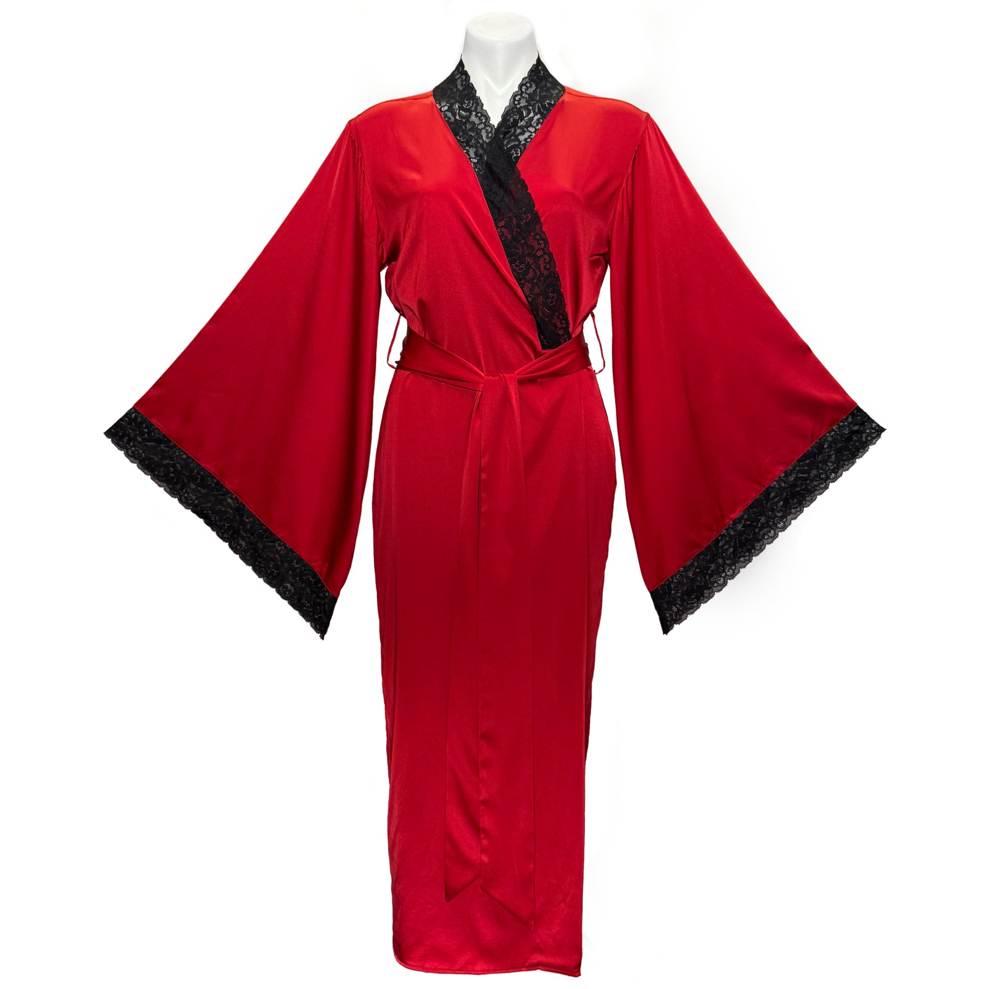Red robe with black trim on a white background