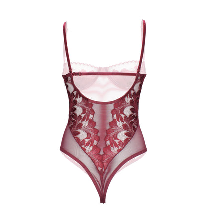Red lace lingerie bodysuit on a white background