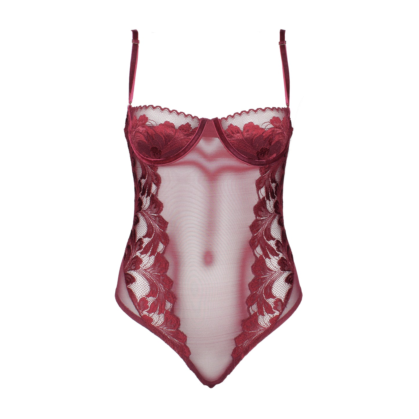 Red lace lingerie bodysuit on a white background