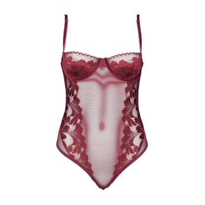 Red lace lingerie bodysuit on a white background