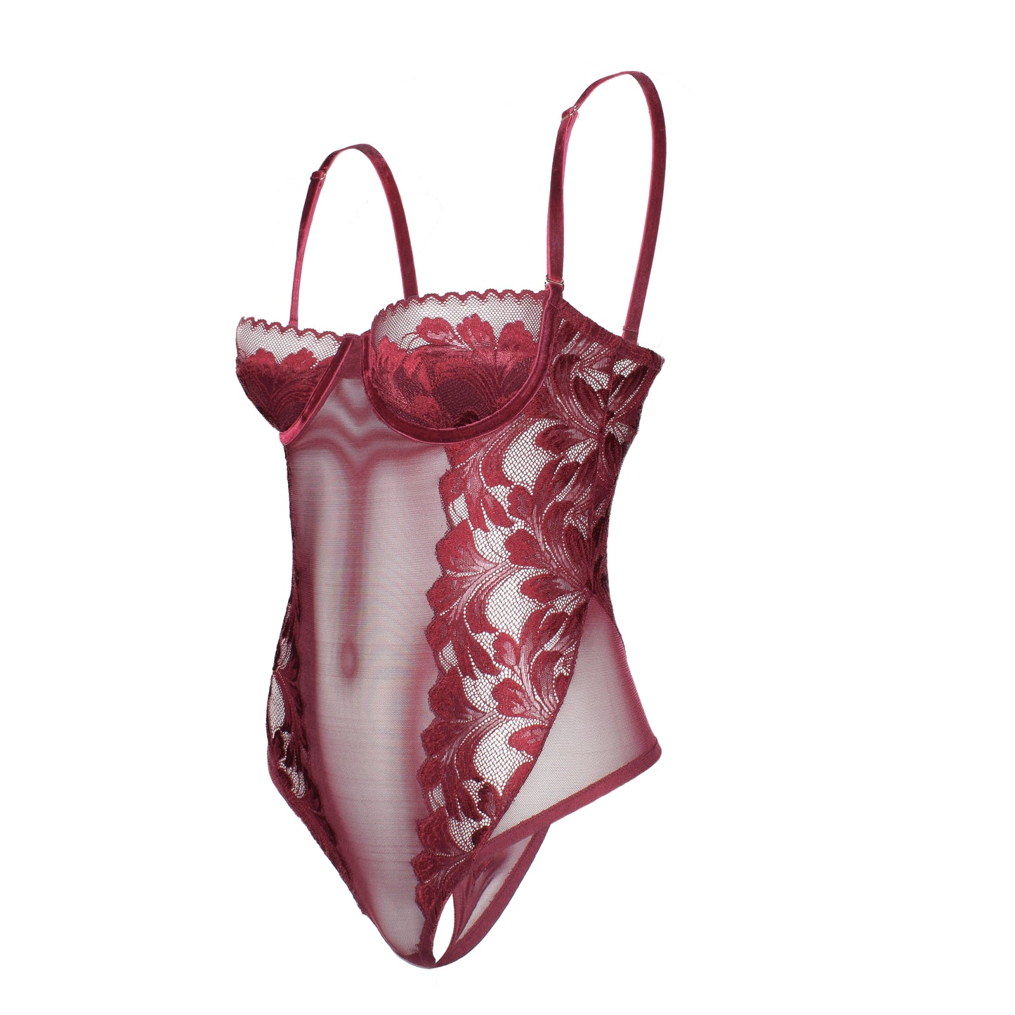 Red lace lingerie bodysuit on a white background