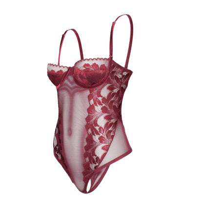 Red lace lingerie bodysuit on a white background